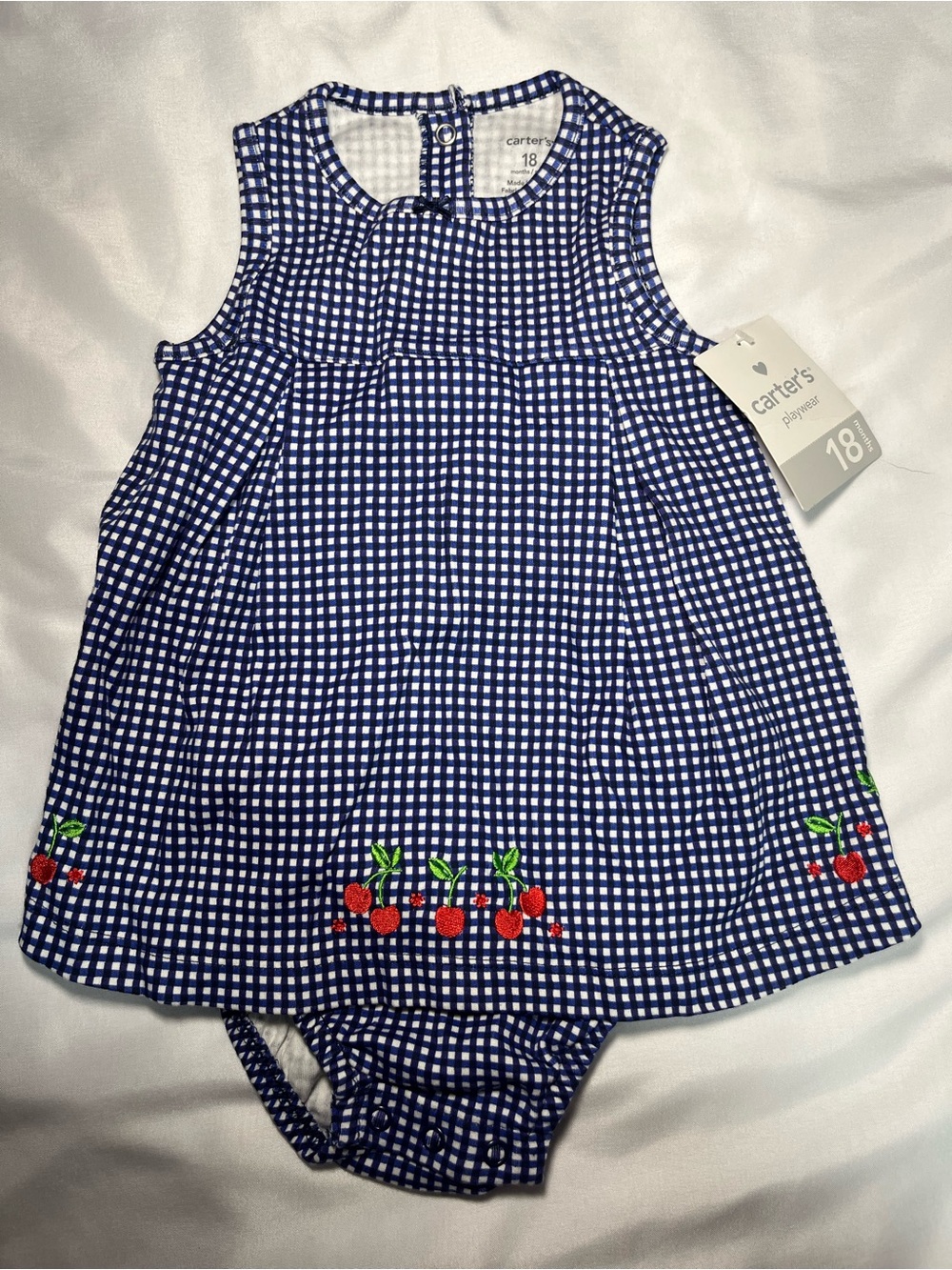 Carter’s Baby Girl Dress Romper 18M Blue Gingham Cherry Embroidered NWT 2011